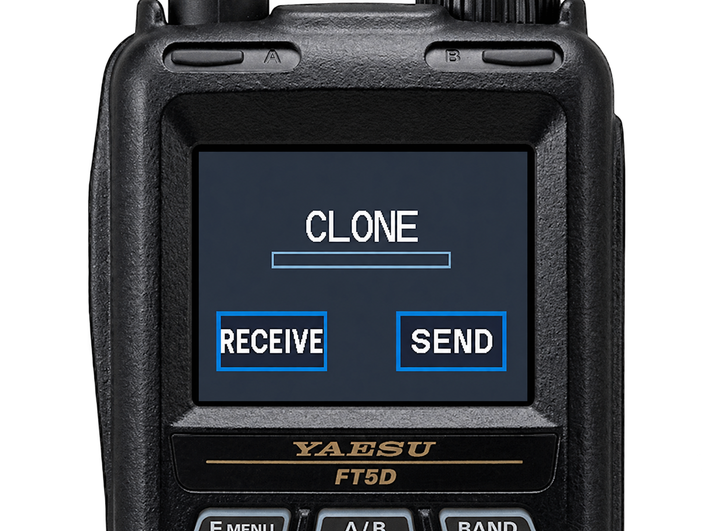 Yaesu FT5D radio showing the CLONE menu, with RECEIVE on the left and SEND on the right